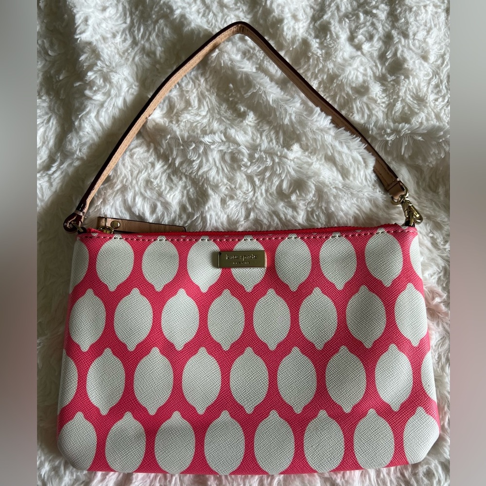 Kate Spade New York Bright Hot Pink White Lemon Print Saffiano Leather Wristlet